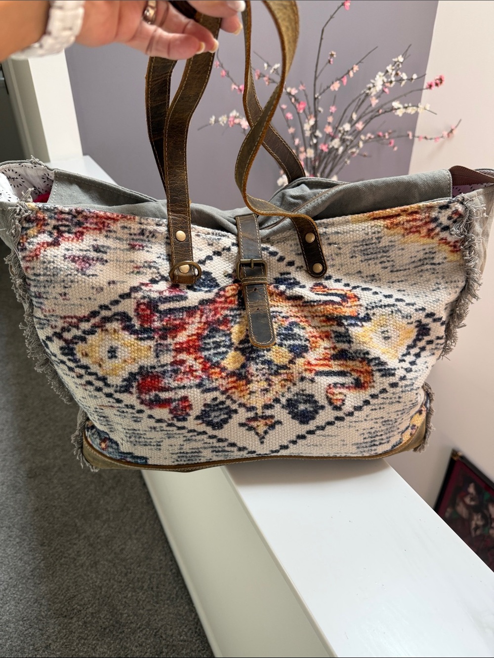 Myra Bag Boho Woven Tote in Cream, Navy & Rust